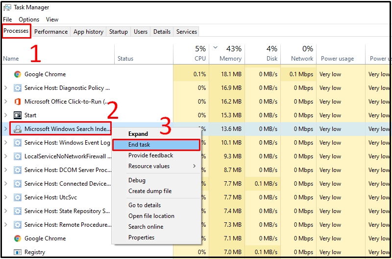 Chọn End Task trong Microsoft Windows Search tại Task Manager